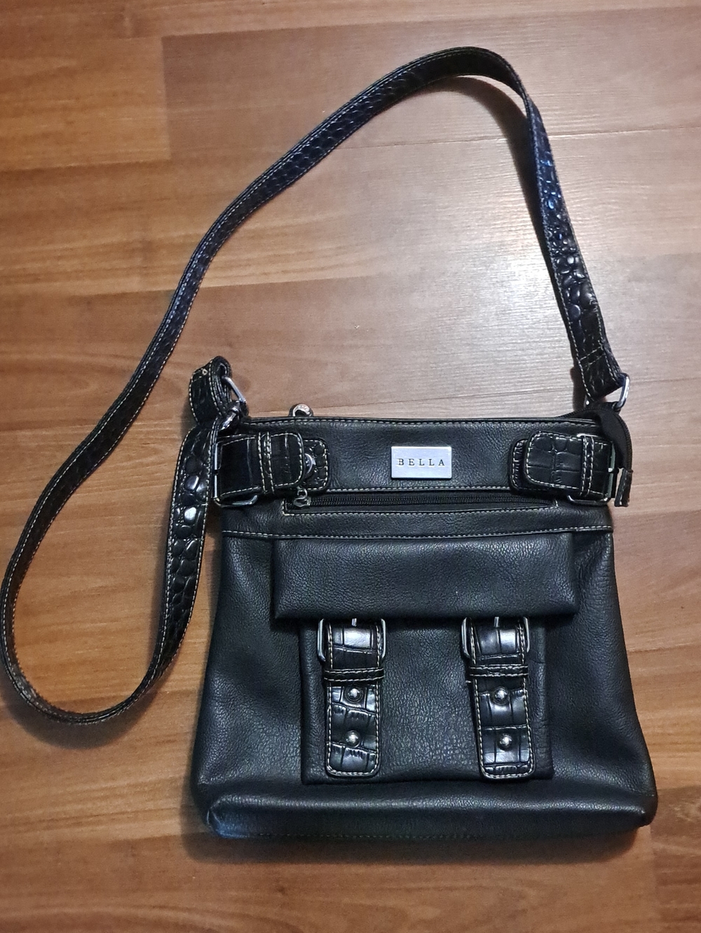 Bella D. Black Faux Leather Crossbody Bag with Buckle Accents